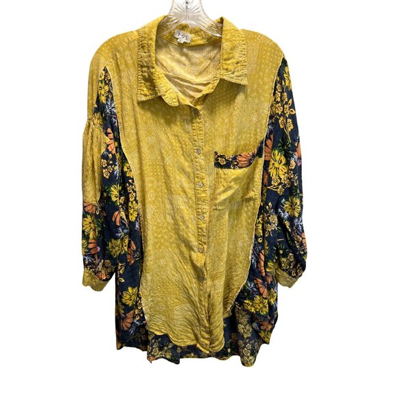 Pol Womens Yellow & Navy Floral Patchwork Button-Up Collared Long Sleeve Blouse - Picture 1 of 5